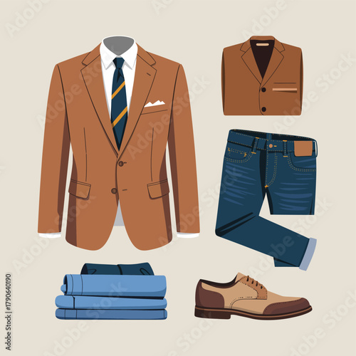 A neatly arranged collection of men's casual and formal attire is displayed.