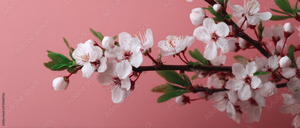 Fototapeta premium Delicate White Plum Blossoms Blooming on Branch Against Soft Pink Background Close Up Still Life Springtime