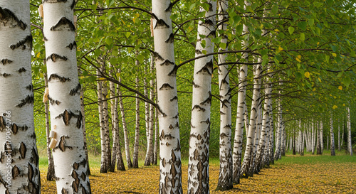Avenue of White Birch Trees with Fresh Green Spring Foliage
A captivating, eye-level shot capturing a picturesque alley or avenue of silver birch trees (Betula pendula)
