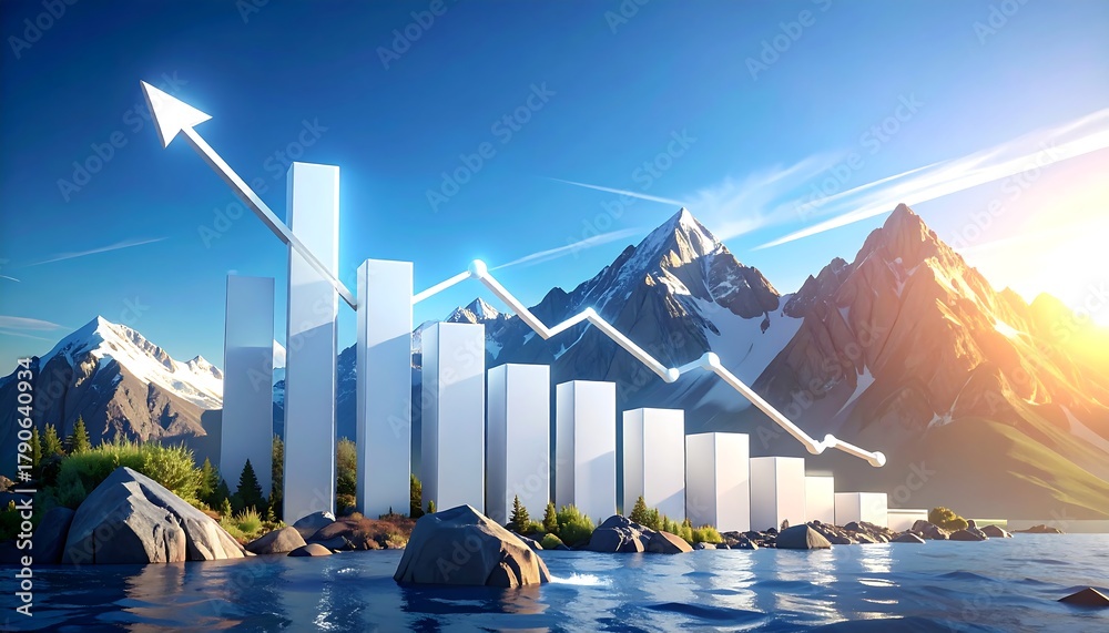 Naklejka premium Graph bars rising over water, arrow pointing up. Mountain range and sky background. Light and bright setting