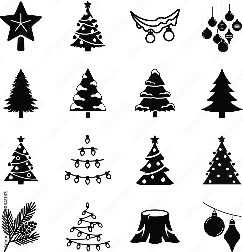 Obraz premium Christmas tree icon set with star, lights, and ornaments