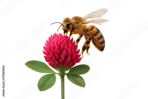 Honey bee collecting nectar from a vibrant red clover flower, actively pollinating in a natural environment