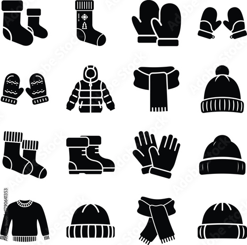 Sock, mitten, scarf, and hat icon set for winter clothing