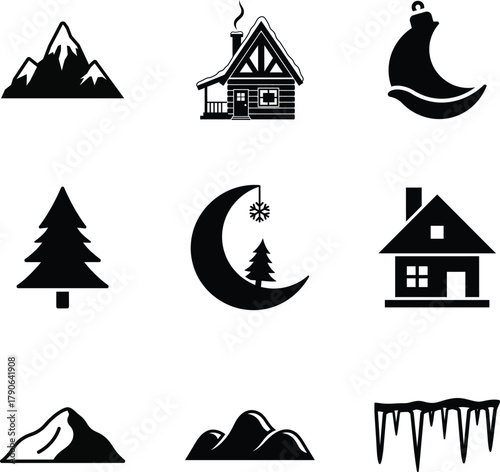 Mountain, cabin, tree, and moon icon set for winter landscape