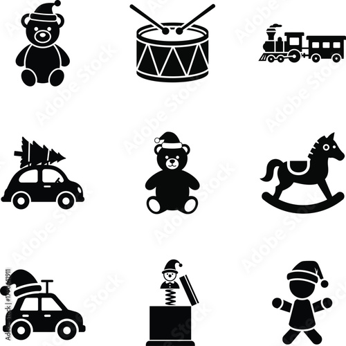Toy icon set including teddy bear, drum, train, and rocking horse