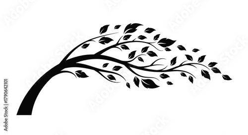 A curving tree branch with leaves swaying in the wind design