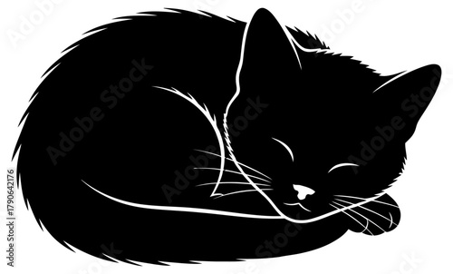 Charming Black Cat Silhouette Sleeping Curled Up Isolated Vector Illustration