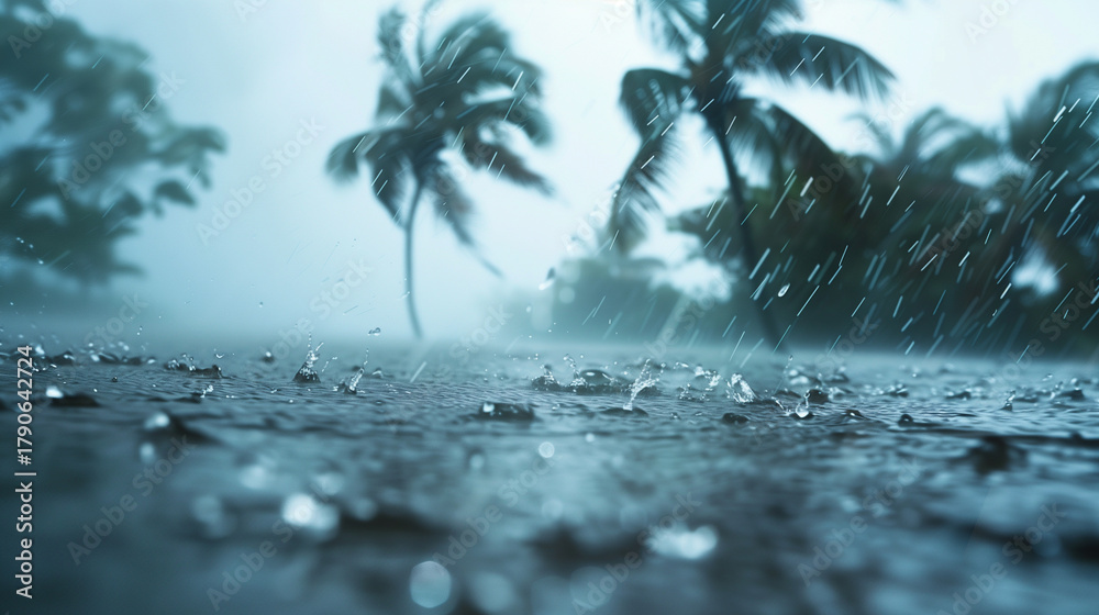 Fototapeta premium Tropical Storm Rain Falling on Road Surface