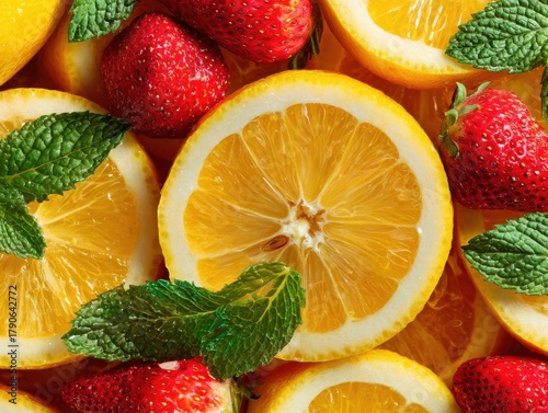 Close-up of fresh orange slices, strawberries, and mint leaves creating a vibrant and colorful food background, top-down view