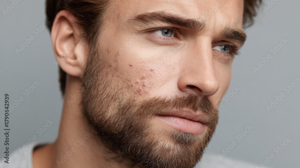 Fototapeta premium close up portrait of man with problem skin and acne on face, background with copy space