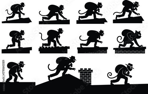 Flat vector silhouette of sneaky cat burglar thief character stealthily moving across urban rooftops in various stealthy poses