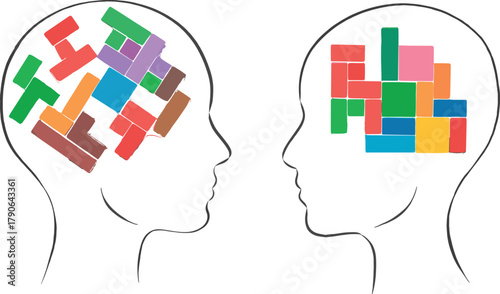 Human head silhouette, brain blocks, organized thinking, chaotic mind, mental health concept, cognitive contrast, psychology vector, cad drawing flat vector illustration