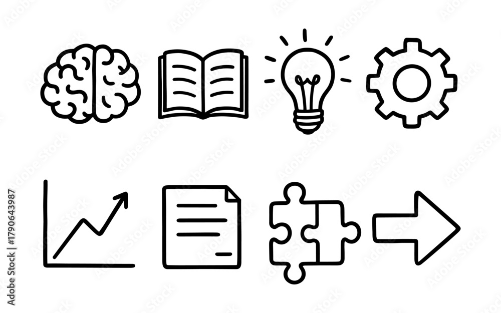 Fototapeta premium Linear icons set: brain, book, lightbulb, gear, graph, document, puzzle, arrow