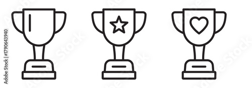 Trophy Cup Line Icon Set – Award and Victory Symbols with Heart and Star Designs.