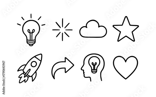 Minimalist linear icons set featuring creativity, innovation, and motivation symbols