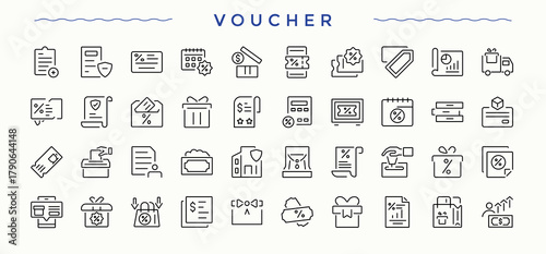 Voucher icon set. Gift modern icon set. Sign and Symbol. Pictograms of coupons, coupon, ticket, tickets, gift, card and more. Editable stroke. Vector collection.