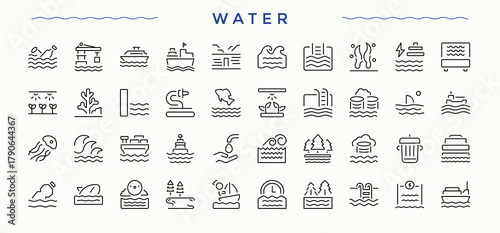 Set of Water line icon. Containing irrigation, garden, sprinkle, agriculture, field. Vector icons collection. Water icon set. Editable stroke collections.