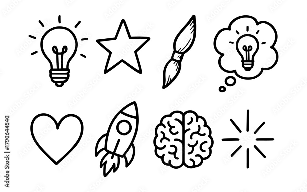 Naklejka premium Creative icon set: lightbulb, rocket, brain, and more in outline style