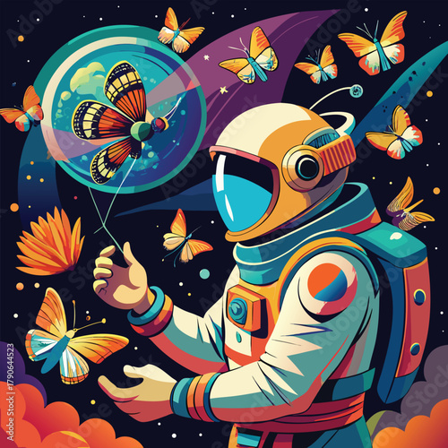 Astronaut Interacting with Butterflies in Space astronaut interacting with butterflies