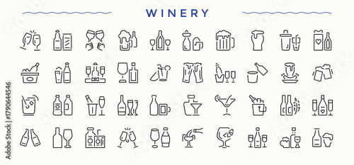 Winery icon pack. Thin web icons. Winery icon set. Contains such symbols as cocktail, wineglass, vineyard, winemaking, wine, factory and more.
