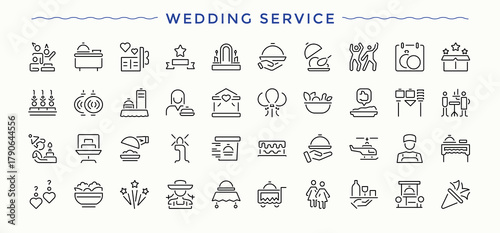 Wedding Service icon. Outline icons pack. Editable stroke. Vector collection. Wedding icon set. Included service, catering service, lighting services, event and more.