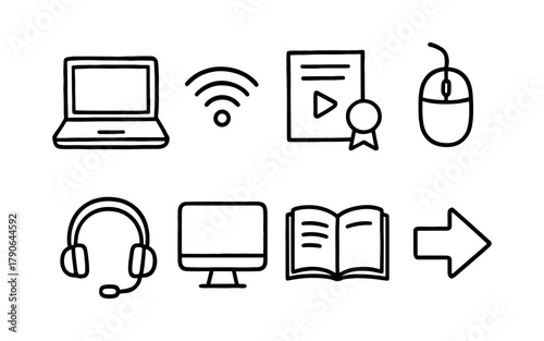 Hand-drawn digital education icons featuring laptop, mouse, and headset