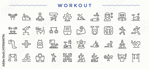 Workout related icon set. Fitness and Gym vector icon set. Icons for UI design. Contain linear symbols fit, sport, activity, lifestyle, health, fitness and more. Pixel perfect. Editable vector.