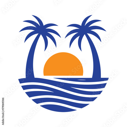 Tropical paradise sunset with palm trees and ocean waves logo. Vector