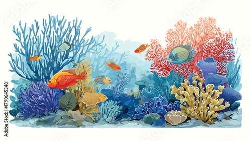 Vibrant Painting of Fish and Corals in Blue Water Background