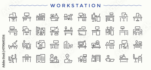 Workstation line icon set. Featuring work place, office, place and more. Place linear icon set. Thin web icons. Editable stroke.