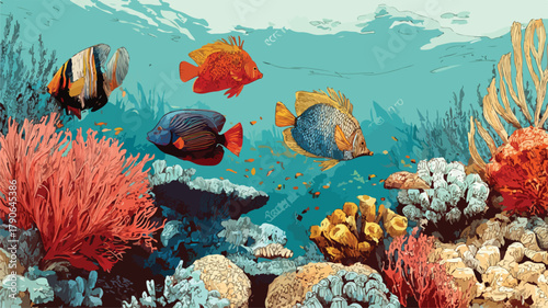 Vibrant Painting of Fish and Corals in Blue Water Background