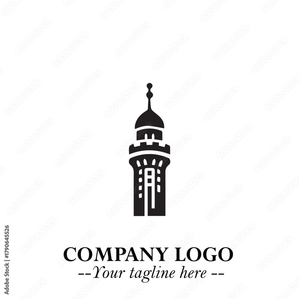 Obraz premium Tower Logo Symbol in Black on the White Background with Simple Modern Architecture Design