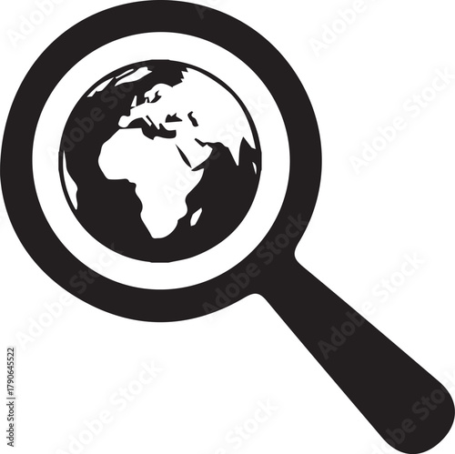 Magnifying glass over the earth globe symbolizing global search and research
