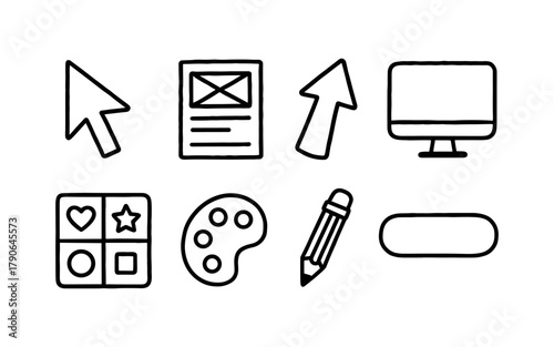 Hand drawn user interface icons set with cursor, design tools, and screen elements
