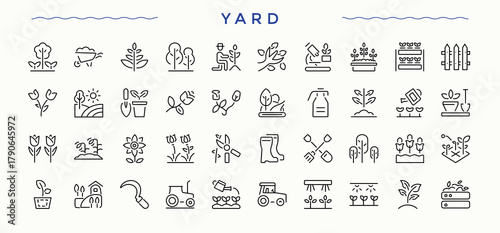 Yard vector icon set. UI icons set in a thin style. Pixel perfect. Editable stroke. Farming simple icon set. Contains such icons as gardening, harvest, land, agro and more.