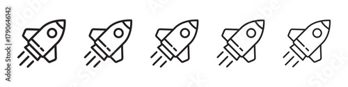 Rocket Line Icon Set – Minimal Outline Rockets, Startup Launch, Growth, and Innovation Symbols.