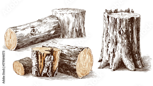Rustic Wood Logs and Tree Stump Stack with Log on Top