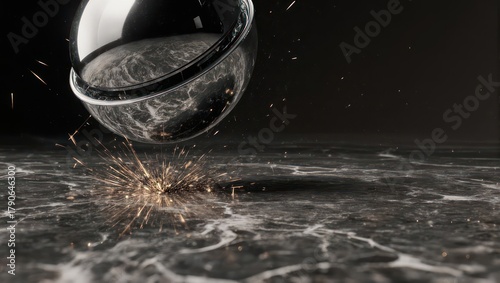 Close-up of a metal sphere impacting a textured surface creating sparks.