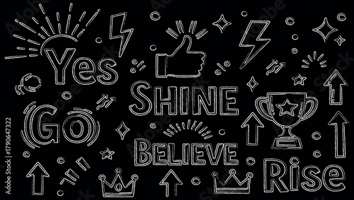 Collection of motivational words and symbols like yes, go, shine, believe, rise, trophy, thumbs up, lightning, sun, crown, arrows on black background