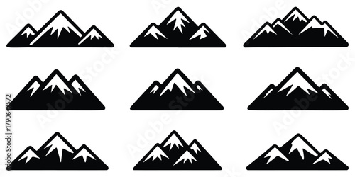 Mountain Icon Collection – Black and White Peaks, Hilltops, Nature Adventure Design