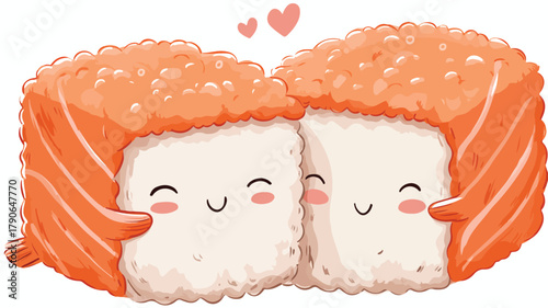 Cute Salmon Sushi Couple Hug Cartoon Vector Icon