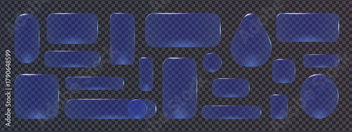 Transparent 3d glass button frame set for modern UI design and morphism style. Glossy shapes with realistic highlights show glass button concept in elegant morphism interface.