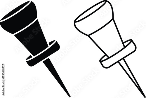 Push pin and thumbtack icon set for office, map, and reminder design in minimalist black and white vector style with transparent background