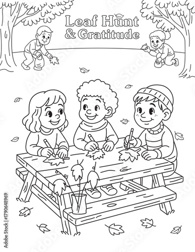Leaf Hunt & Gratitude Kids collecting and drawing leaves for gratitude craft. Thanksgiving coloring page, fall activity, and classroom printable.