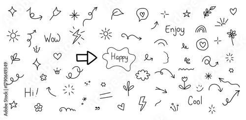 Line arrow, star, heart cute icon elements. Hand drawn sketch heart, arrow, star, flower decoration symbols. Editable Stroke. Vector illustration