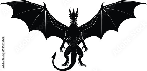 Powerful black dragon silhouette with wide wings, fantasy creature vector illustration, mythical beast design, strong monster art for fantasy and gaming themes