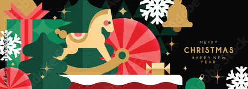 Christmas banner in contemporary flat minimalist style with rocking horse. Design for Holiday banner, advent calendar or greeting card. Vector illustration 