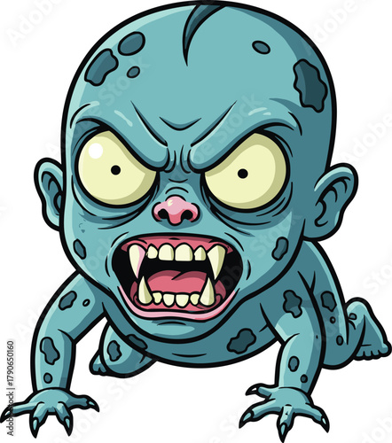 Creepy monster baby crawling, scary horror creature with sharp claws and fangs, terrifying cartoon design, vector illustration, cad drawing flat vector illustration