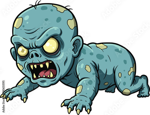 Creepy zombie baby crawling, scary undead child monster with glowing eyes and sharp teeth, horror character design, vector illustration, cad drawing flat vector illustration