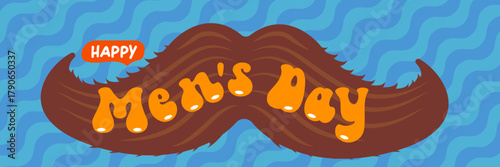 International Men's Day blue wide banner with mustache on blue abstract background. Happy mens day wide poster, banner and sticker. WORLD MALE DAY